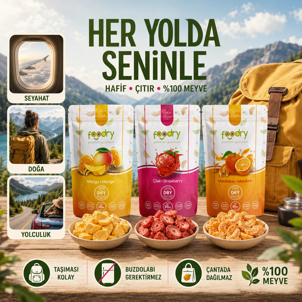 Her yolda seninle. Hafif, çıtır, %100 meyve. Meyve paketleri, önlerinde kâselerde kurutulmuş meyve, yanında bir sırt çantası. Seyahat, doğa ve yolculuk. Taşıması kolay, buzdolabı gerektirmez, çantada dağılmaz.