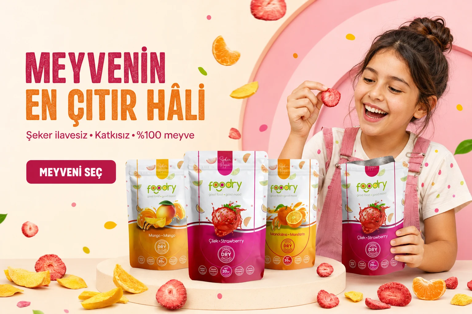 Meyvenin en çıtır hâli. Şeker ilavesiz, katkısız, %100 meyve. Meyveni seç.