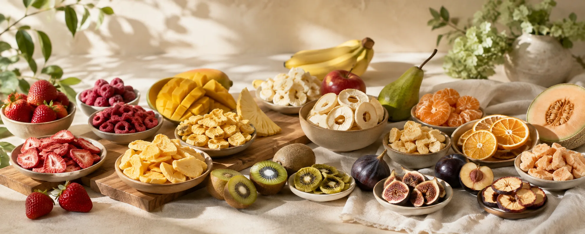 Keten örtülü bir masada kâseler dolusu dondurularak kurutulmuş meyve: çilek, mango, elma, portakal, incir ve erik dilimleri, yanlarında tazeleri.