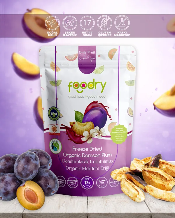 Dondurularak Kurutulmuş Mürdüm Eriği – Freeze Dry Mürdüm Eriği 17 g | Katkısız Çıtır Meyve Atıştırmalığı