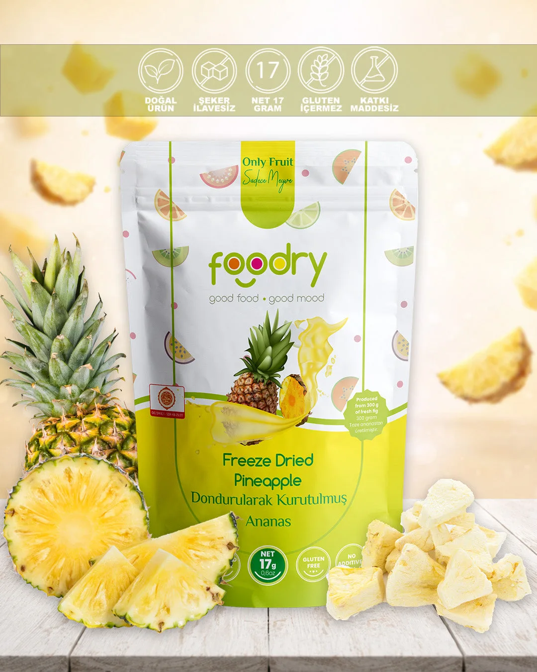 Dondurularak Kurutulmuş Ananas – Freeze Dry Ananas 17g | Katkısız Çıtır Meyve Atıştırmalığı